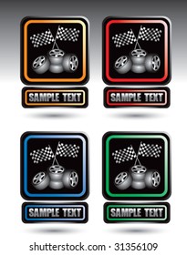 racing checkered flags and tires on nameplate