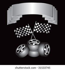 racing checkered flags and tires on silver crest