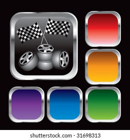 racing checkered flags and tires on colored web buttons
