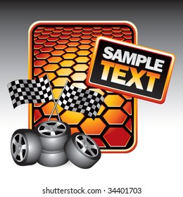 racing checkered flags and tires on hexagon background