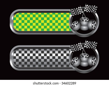racing checkered flags and tires on diamond textured banners