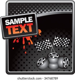 racing checkered flags and tires on grungy splattered background