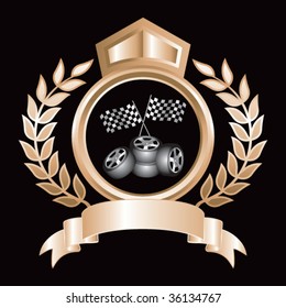 racing checkered flags and tires on royal crest