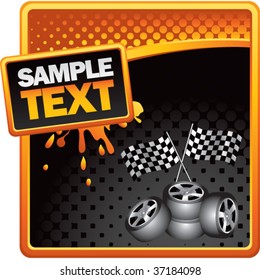 racing checkered flags and tires on grungy splattered background
