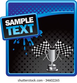 racing checkered flags and trophy on grungy splattered background
