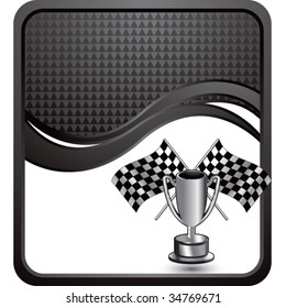racing checkered flags and trophy on modern wave background
