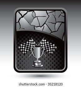 racing checkered flags and trophy on cracked background