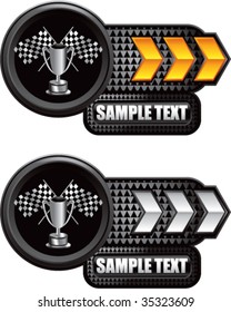racing checkered flags and trophy on shiny arrow banners