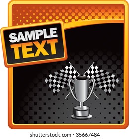 racing checkered flags and trophy on halftone template background
