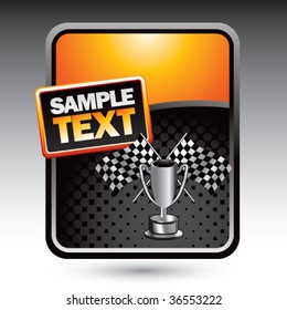 racing checkered flags and trophy on clean colored halftone background