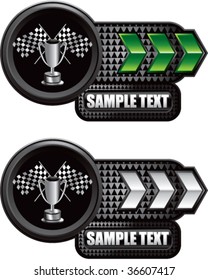racing checkered flags and trophy on shiny arrow banners