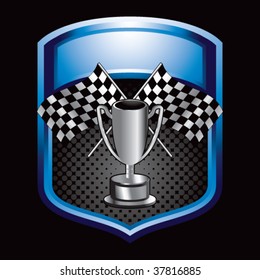 racing checkered flags and trophy on display crest