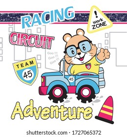Racing circuit with cute bunny kid driving a car t-shirt design, sticker, vector illustration