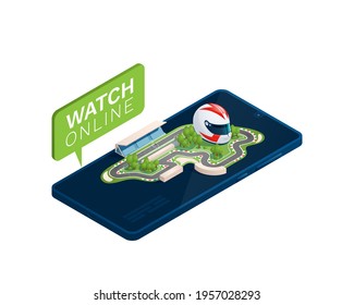 A racing circuit and a racing helmet are on a smartphone. Isometric vector illustration is isolated on a white background.