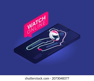 A racing circuit with a racing helmet on a smartphone. Isometric vector illustration. The concept is watching the race on a phone online.