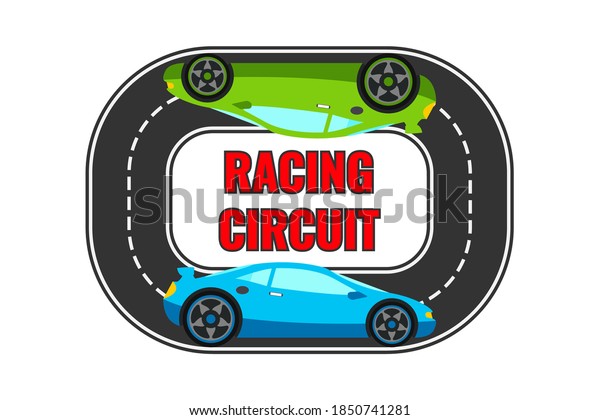 Racing\
circuit logo, sign, icon, poster, banner concept design. Green and\
blue sport car turn on road. Vector\
illustration