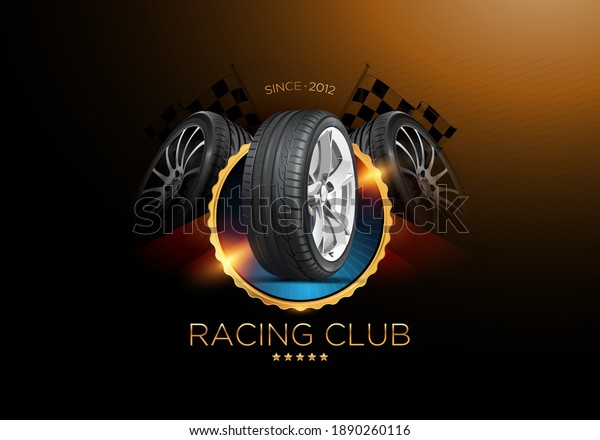 Racing club badge. Vector illustration  for print\
or web. Auto car logo. Automotive team sport badge emblem. Tire\
wheel garage and service shop. Racing flag. Sports background.\
Drift street racing.