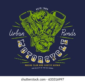 Racing club emblem for t-shirt. Graphic design with image of motorcycle engine. Color print on dark blue background