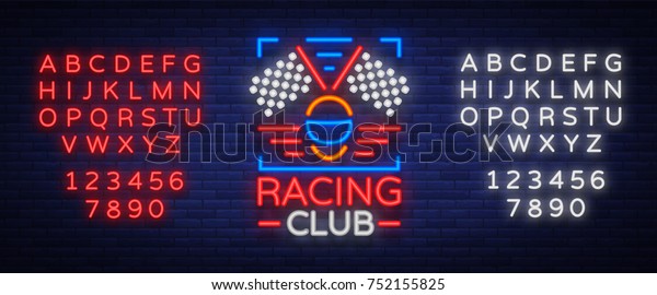 Racing Club neon logo logo. A glowing sign\
on the theme of the races. Neon sign, light banner. Vector\
illustration. Editing text neon sign. Neon\
alphabet.