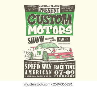 Racing club vector t-shirt print design. Car race poster. Speed way artwork. Street Racing club. Car print design for t shirt print, poster, sticker, background and other uses.