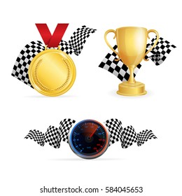 Racing Color Icon Set Medal, Golden Cup, Speedometer and Checkered Flags for Web Vector illustration