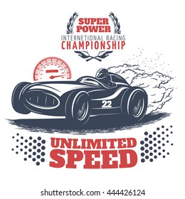 Racing colored print with description of super power international racing championship unlimited speed vector illustration