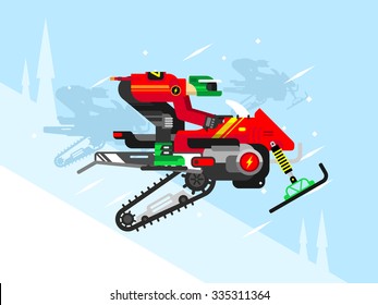 Racing competitions on snowmobiles. Snow and snowmachine, speed extreme, flat vector illustration