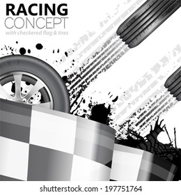 Racing Concept - Flags, Tires and Tracks, grunge vector background