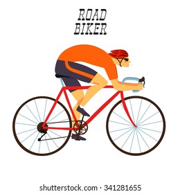 Racing cyclist in action. Fast road biker. Editable vector illustration. 