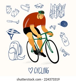 Racing cyclist in action with hand drawn bicycle equipment on background. Editable vector illustration.