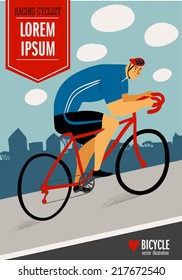 Racing cyclist in action on city background. Colorful poster. Editable vector illustration 