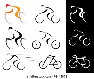 Racing cyclist. Bicyclist. Set of isolated vector icons. Line art, line work.