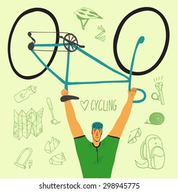 Racing cyclist champion holding his bicycle with hand drawn bicycle equipment on background. Editable vector illustration.