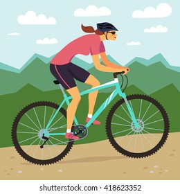 Racing cyclist girl in action. Fast mountain woman biker and mountain landscape. Editable vector illustration. 