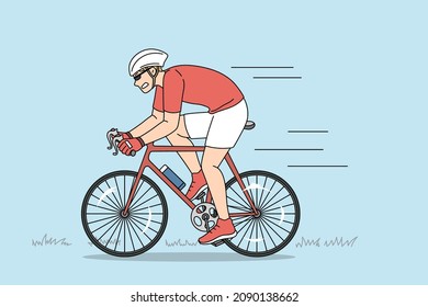 Racing cyclist and speed concept. Young man racing cyclist wearing sportswear and helmet making trip outdoors during summer vector illustration 