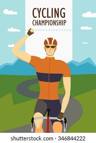 Racing cyclist winner riding on the road near the mountains. Fast road biker. Editable vector illustration. 