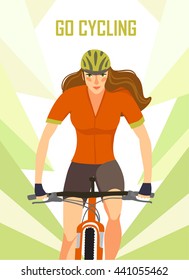 Racing cyclist woman in action poster. Fast mountain female biker. Editable vector illustration. 