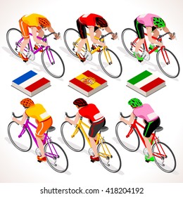 Racing cyclists riding bicycle race cycling icon set. Vuelta de Espana Spain winner. Tour France. Giro Italia. Yellow Pink Red Shirt. 3D Flat Isometric Sportsman Bicyclist bicycle group vector image