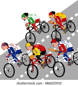 Racing cyclists riding bicycle race cycling.Flat Isometric Sportsman Bicyclist bicycle group vector image