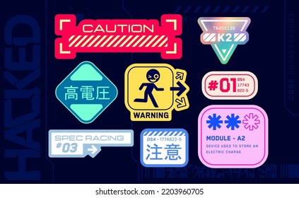 Racing decals stickers. Set of cyberpunk stickers and labels in futuristic style. Inscriptions and symbols, Japanese hieroglyphs for racing, attention, high voltage, warning.