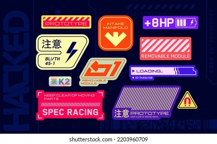 Racing decals stickers. Set of cyberpunk stickers and labels in futuristic style. Inscriptions and symbols, Japanese hieroglyphs for racing, attention, high voltage, warning.