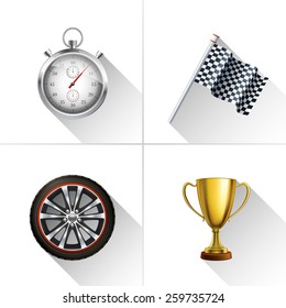 Racing decorative icons set with realistic stopwatch flag wheel and trophy cup isolated vector illustration