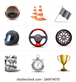 Racing decorative icons set with stopwatch traffic cones flag isolated vector illustration