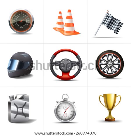 Racing decorative icons set with stopwatch traffic cones flag isolated vector illustration