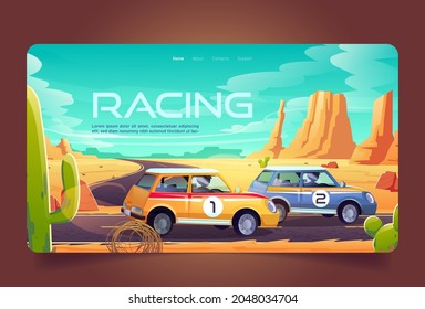 Racing In Desert Cartoon Landing Page, Race Cars Tournament, Auto Rally Competition, Drivers In Automobiles Road Track At Grand Canyon Landscape. Racetrack Sport Vehicles Adventure Vector Web Banner