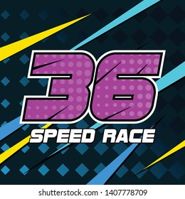 Racing display font design, alphabet, letters and numbers
