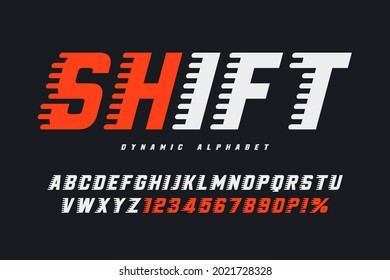 Racing display letters design, dynamic alphabet, numbers. Vector characters. 15 degree skew