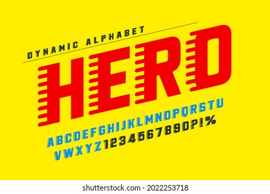 Racing display letters design, dynamic alphabet, numbers. Vector characters. 13 degree skew