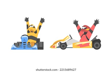 Racing driver in uniform celebrating victory while sitting in race car set cartoon vector illustration