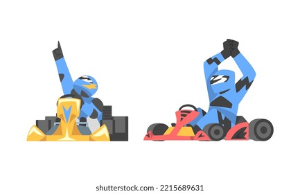 Racing driver in uniform celebrating victory set. Professional racer in uniform sitting in race car cartoon vector illustration